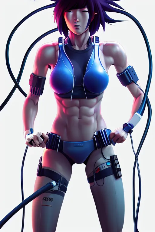 Prompt: color digital pen lineart sketch of athletic motoko kusanagi connected to many cables, wires, inputs, outputs, by gnomon, by ilya kuvshinov, trending on pixiv fanbox, by weta digital, octane render