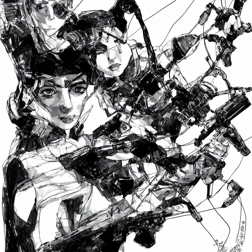 Prompt: futurist archer by ueshiba riichi illustration, highly detailed, concept art, ( ilya kuvshinov ), intrincate details, ink, black white