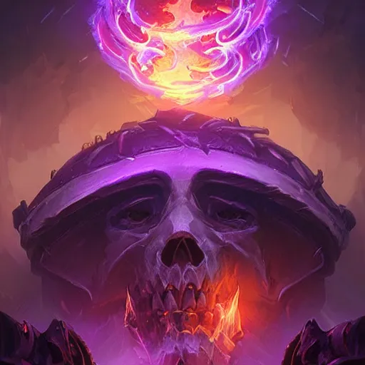 Image similar to curved floating skulls with violet fire trails, violet theme, epic fantasy digital art style, fantasy artwork, by Greg Rutkowski, fantasy hearthstone card art style