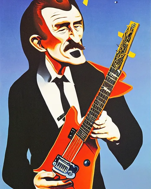 Image similar to Barry Chuckle shredding on a Gibson Flying V, guitar solo, heavy metal artwork by René Magritte