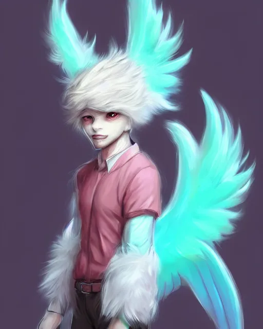 Image similar to character concept art of a cute young male anthropomorphic colorful furry angel dragon | | cute - fine - face, pretty face, key visual, realistic shaded perfect face, fine details by stanley artgerm lau, wlop, rossdraws, james jean, andrei riabovitchev, marc simonetti, and sakimichan, trending on artstation