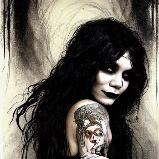 Image similar to beautiful portrait of vanessa hudgens as death from sandman, smiling, by cedric peyravernay, alphonse mucha, by jeremy mann, by lecouffe deharme, goth chic, soft lightning, eyeliner, punk rock, high detailed, 8 k