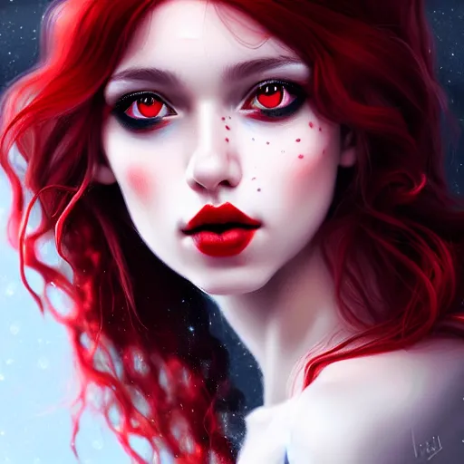 Image similar to a realistic illustration portrait of a beautiful cute girl with curly black and red hair, a pointy nose and, round chin black eyeliner, trending on artstation, hyper - realistic lighting, intricate, ross tran