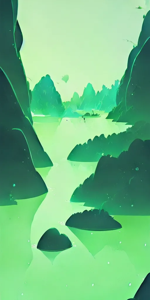 Image similar to by moebius and atey ghailan | a bright green river with clear crystal boats moving up and down it |