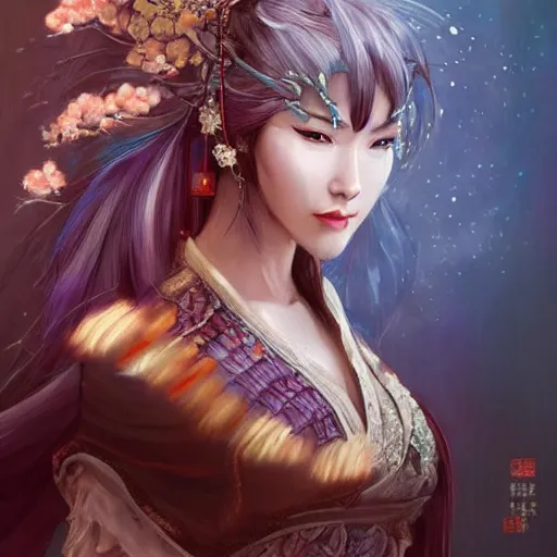 Image similar to An epic fantasy comic book style portrait painting of a gorgeous sword dance Chinese costume woman , by WLOP trending on pinterest and artbreeder, long hair, smoke, flowers rain everywhere, full body XIANXIA, Chinese temple, depth of field by Yoji Shinkawa 4k