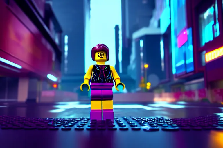 Image similar to a lego girl in a cyberpunk city. super realistic 8 k render of a elegant, cinematic composition