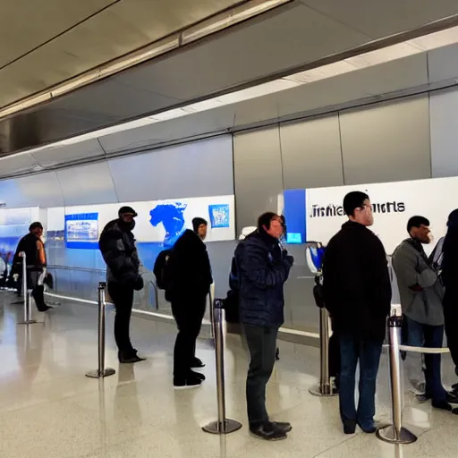 Image similar to guys waiting in line for customs at jfk airport, they are looking at a mural, photorealistic, photograph 4 k