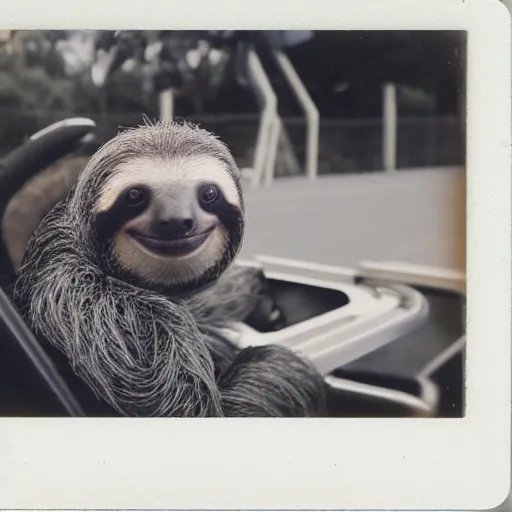 Prompt: photo of a sloth in a go kart on a race track holding a banana, polaroid 6 0 0 film