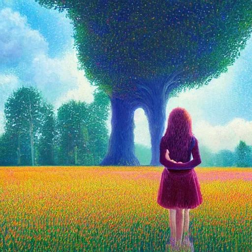 Image similar to girl made from surreal flowers, standing in flower field, big trees, sunrise dramatic light, impressionist painting, colorful clouds, digital painting, pointillism, artstation, simon stalenhag