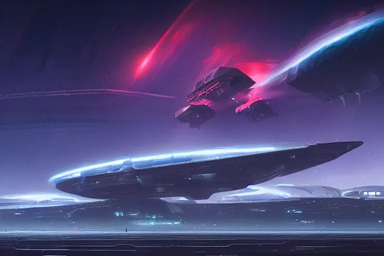 Image similar to a distant futuristic military installation, on the horizon, sleek, menacing, glowing lighting and neon signs, Raymond Swanland and Jessica Rossier nebula like clouds in space background near a ringed gas giant, hyper detailed hyper detailed, 8k, ultra realistic, cinematic lighting, ultra wide 35mm lens, Boeing Concept Art, Lockheed concept art