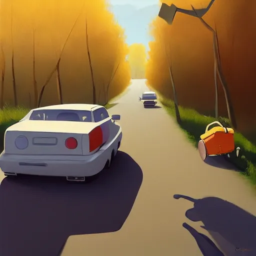 Image similar to goro fujita ilustration rear view of a car equipped with suitcases heading to the forest on a sunny day, painting by goro fujita, sharp focus, highly detailed, artstation