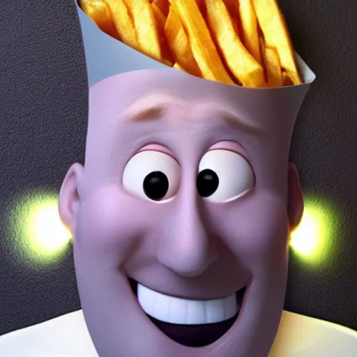 Image similar to photo of [ a single french fry chip ] shaped into stephen fry as a pixar character hybrid intercross mix cinematic lighting