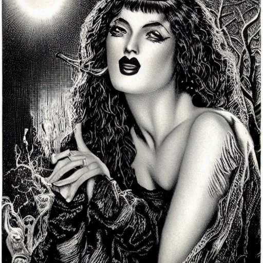 Prompt: a hyperrealistic portrait painting of a beautiful female vampire, by virgil finlay, highly detailed,