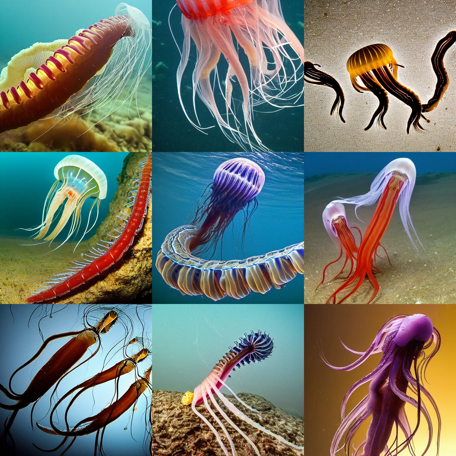 Prompt: a squid-centipede-jellyfish, wildlife photography