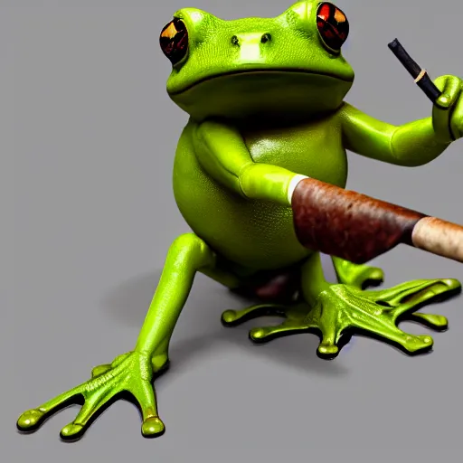 Image similar to a high quality photo of an antropomorphic frog wearing a suit smoking a cigar cigar cigar cigar, 3d scene, render, ultra realistic, artstation, cgsociety