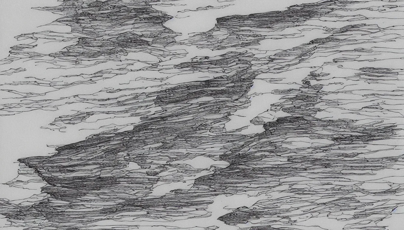 Image similar to ocean cliffs drawing by Moebius, minimalist, detailed, black and white drawing