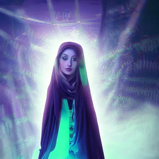 Prompt: sophie turner, saudi arabian shemagh ghutra agal, arabian white thobe, portrait sci - fi cyberpunk tron magic realism thermal imaging rainforest meadow anime lightpaint at night laser morning sun, archdaily, wallpaper, highly detailed, trending on artstation