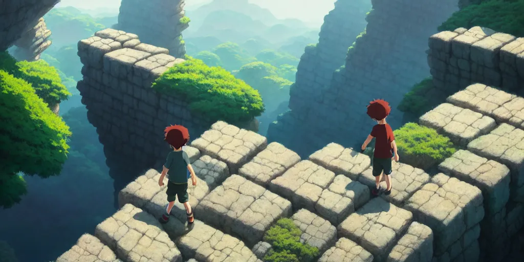 Image similar to a small boy walking over big stone blocks, just over the precipice, studio ghibli, pixar and disney animation, sharp, rendered in unreal engine 5, anime key art by greg rutkowski, bloom, dramatic lighting