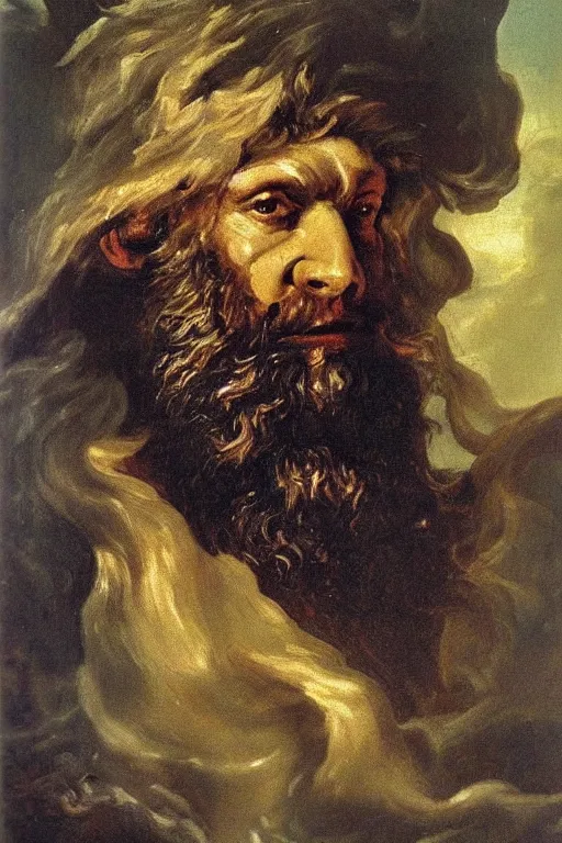 Image similar to goya oil painting thor god of thunder portrait, huge beard, winged helmet