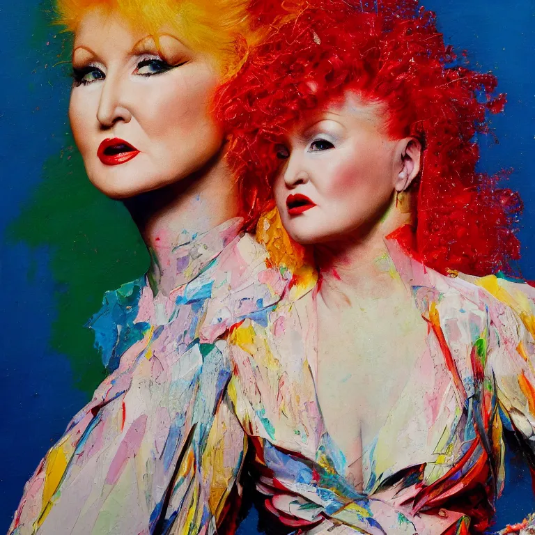 Prompt: close up studio portrait of Cindy Lauper wearing an Issey Miyake dress in 1985, impasto heavy brushstrokes oil painting by Norman Rockwell and Tim Hawkinson and Cy Twombly, Intense colors trending on artstation dramatic lighting Expressionism