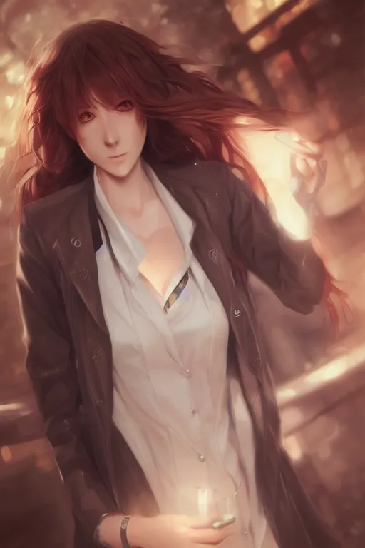 Image similar to highly detailed portrait of makise kurisu from steins gate laying, sensual, labcoat, fantasy art, by charlie bowater, by greg rutkowski, photorealistic, detailed and intricate environment, trending on artstation, trending on pixiv