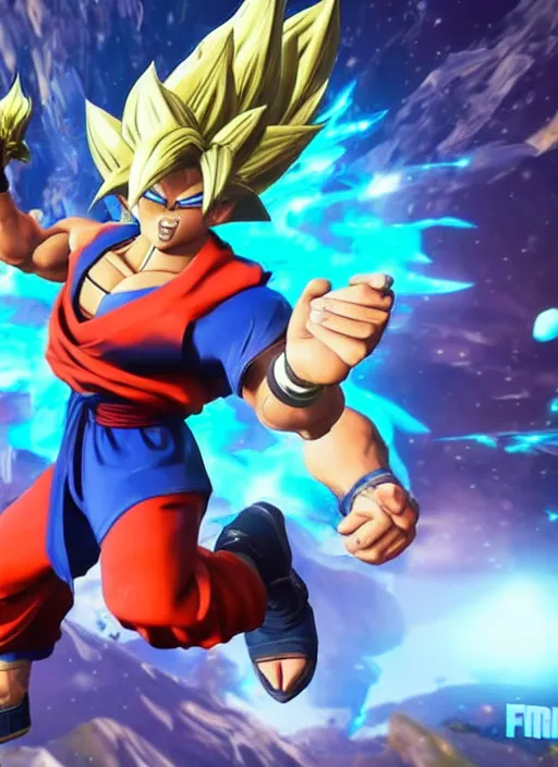 Image similar to game still of a sayan goku as a fortnite skin in fortnite by fortnite, pose.