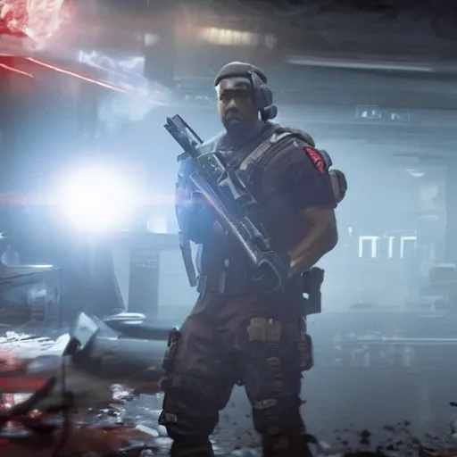 Image similar to kanye west as a ghostbuster!!! in ( gears of war battlefield 5 ), splash art, movie still, cinematic lighting, dramatic, octane render, long lens, shallow depth of field, bokeh, anamorphic lens flare, 8 k, hyper detailed, 3 5 mm film grain