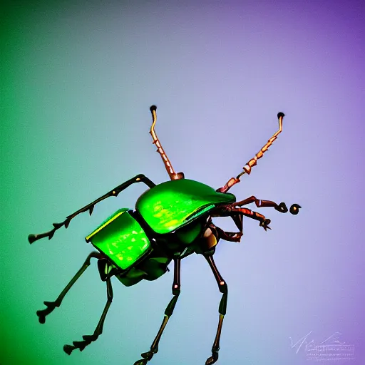 Prompt: green shiny rose chafer with quadcopter drone wings creating turbulence dark background digital art award winning photography