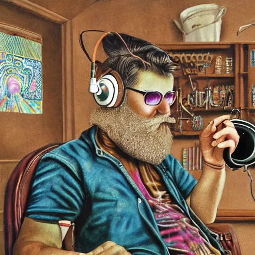 Prompt: a hyper-detailed photorealistic painting by Bosch of a short-bearded wild-haired man wearing a tie-dye t-shirt, wearing steampunk headphones and sitting in an overstuffed easy chair in his living room full of assorted luggage, holding a coffee cup and several donuts and smoking a steampunk hookah, pleasant psychedelic color scheme, perfect eyes, IBEX masters, octane render, unreal engine