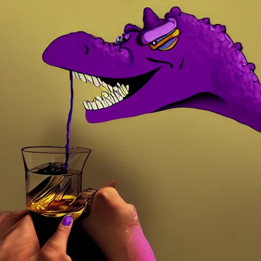 Image similar to barney the purple dinosaur from kids show drinking whisky at a bar and smoking a cigar, portrait art, digital art, trending on artstation