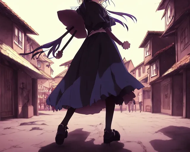 Prompt: key anime visual portrait of a young female witch walking through a busy village, dynamic pose, dynamic perspective, cinematic, dramatic lighting, muted colors, detailed silhouette, textured, finely detailed eyes, anime proportions, kentaro miura, anmi