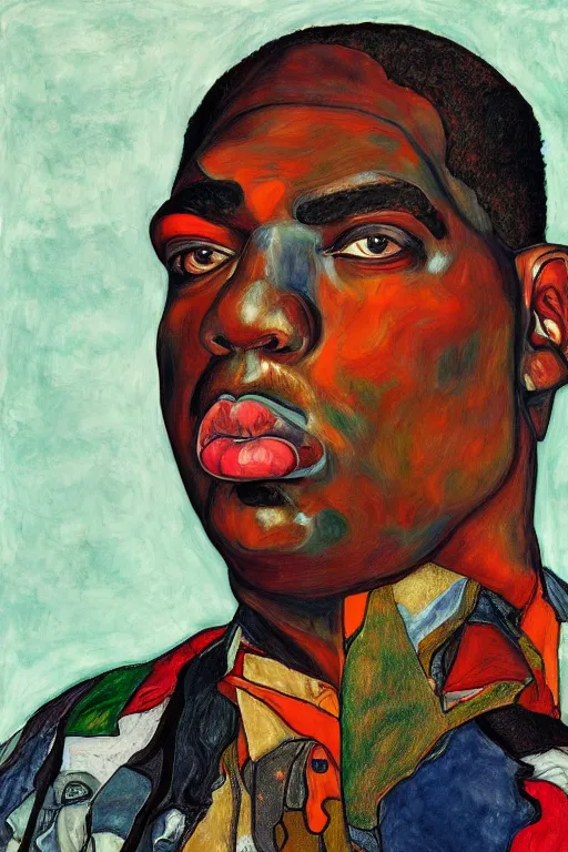 Image similar to a portrait of biggie small in style of egon schiele, masterpiece, hyperdetailed, complex, intricate, 4 k, trending on artstation