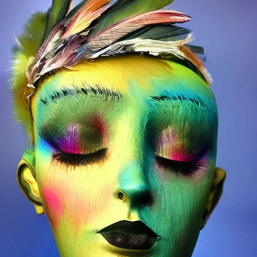 Prompt: a close up of a mannequin with makeup, an impressionist painting by briana mora, instagram contest winner, neo - fauvism, feminine, made of feathers, i can't believe how beautiful this is