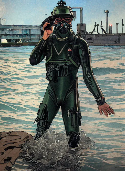 Prompt: Hector. USN blackops operator emerging from water at the shoreline. Operator wearing Futuristic wetsuit and looking at an abandoned shipyard. Frogtrooper. rb6s, MGS, and splinter cell Concept art by James Gurney, Alphonso Mucha. Vivid color scheme.