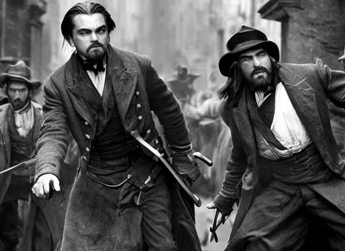 Prompt: an action scene from the movie gangs of new york, medium long shot, leonardo dicaprio and daniel day - lewis, sharp eyes, serious expressions, detailed and symmetric faces, black and white, cinematic, epic,