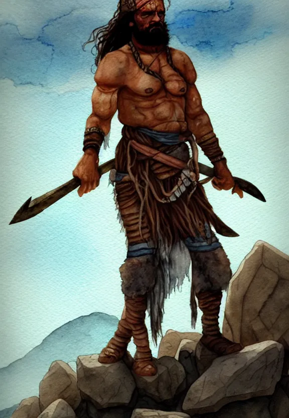 Image similar to a solitary randy savage with an anchor slung over his shoulder alone in a rocky desolate wasteland | portrair | fantasy watercolour painting | middle earth | pathfinder | artstation | conan | darksun | d & d dungeons and dragons | barbarian