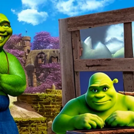 Prompt: shrek smashing microsoft windows