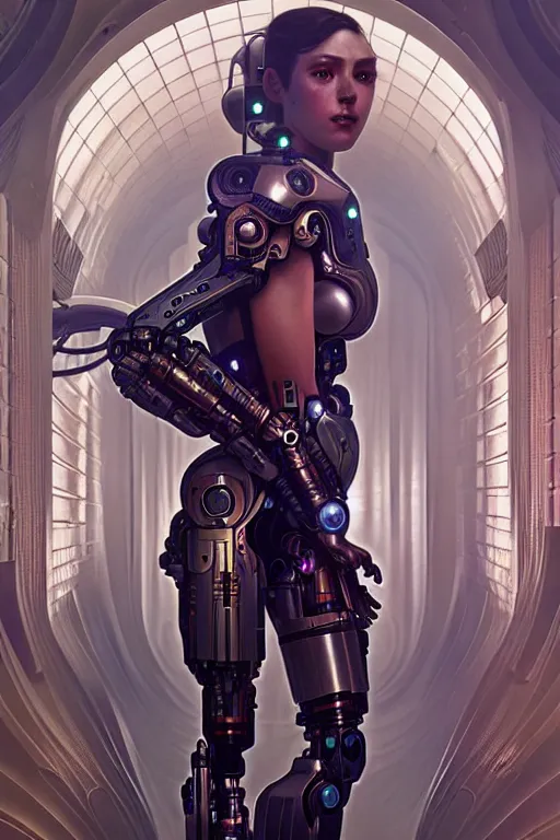 Image similar to ultra realistic, beautiful female cyborg in a utopian hallway in a space megalopolis, sci - fi, intricate details, eerie, highly detailed, octane render, 8 k, art by artgerm and alphonse mucha and greg rutkowski