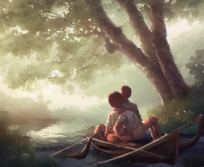 Image similar to a boy and a girl paid sitting together romantically on a long rowboat, girl is leaning on boy’s shoulder. Ripples, trees, shady, atmospheric lighting, details, sharp focus, illustration, by Jordan Grimmer and greg rutkowski, Trending artstation, pixiv, digital art