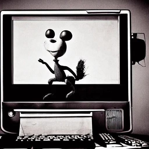 Prompt: a black and white photograph of a mischievous computer screen, by gary baseman, by robert crumb, by jim henson, high contrast, soft lighting, surreal, film photography, 8 k, render