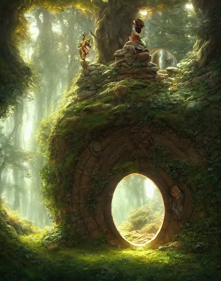 Image similar to Fantasy Magical fairy-tale stone portal in the forest. Round stone portal teleport in trees to other worlds. Fantastic landscape. Magic Altar in the fores, highly detailed, digital painting, artstation, concept art, smooth, sharp focus, illustration, art by artgerm and greg rutkowski and alphonse mucha