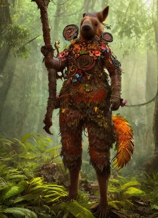 Image similar to detailed full body concept art illustration matte painting of an anthropomorphic capybara forest warrior in full intricate colorful clothing, ultra detailed, digital art, octane render, 8K, dystopian, biomutant, micro details