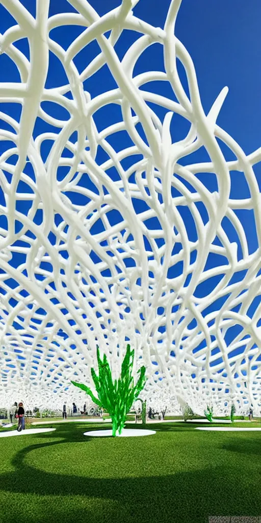 Image similar to elegant white art 3 d printed parametric installation with playful surreal tall lemon groves, urban playground, fluidity, vincent callebaut, mamou - mani, voronoi pavilion with white magnolia above
