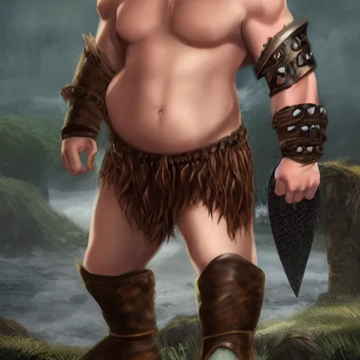 Image similar to ginger viking with flowing long wavy hair in leather armor, very pale, very hairy chest, bare chest, very thick thighs, bare legs, husky body type, big muscles, very tall, strong, powerful, majestic, imposing, full body picture, matte painting, concept art, 4 k