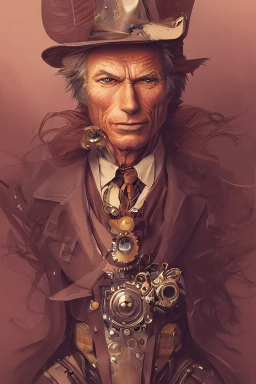 Image similar to heroic character design of anthropomorphic whimsical fox, portrait, western, steampunk, clint eastwood face, duster, fantasy, intricate, elegant, highly detailed, digital painting, artstation, concept art, sharp focus, illustration, art by artgerm and greg rutkowski and alphonse mucha