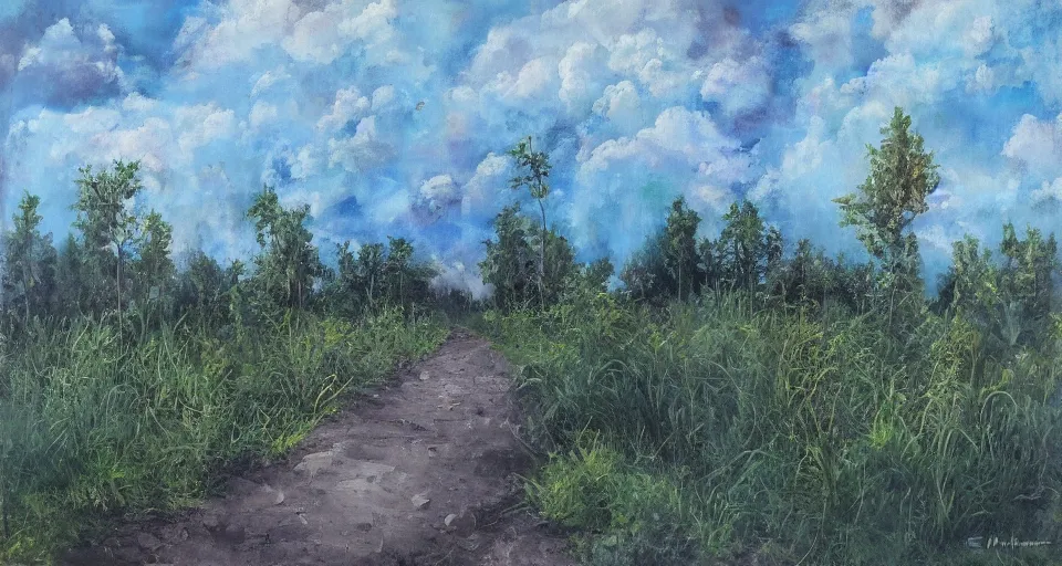 Image similar to an endless flat world of concrete, overgrown with vegetation, blue sky with clouds, beautiful painting, oil on canvas, by Ewa Czarniecka, award winning masterpiece,