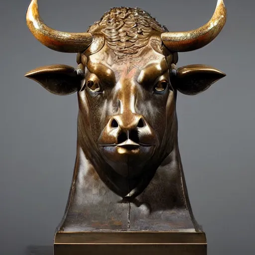 Image similar to professional color photograph of a patinated bronze bust of an angry water buffalo, Troigne view supported by a bronze plinth, by FREDERIC REMINGTON