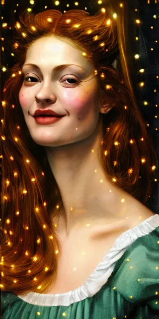 Image similar to a totally amazed smiling pretty woman surrounded by golden firefly lights in a mesmerizing scene, fully covering intricate detailed bohemian outfit, long loose red hair, precise linework, accurate green eyes, small nose with freckles, beautiful smooth oval head, expressive emotions, hyper realistic ultrafine portrait by artemisia gentileschi, jessica rossier, greg rutkowski, artgerm