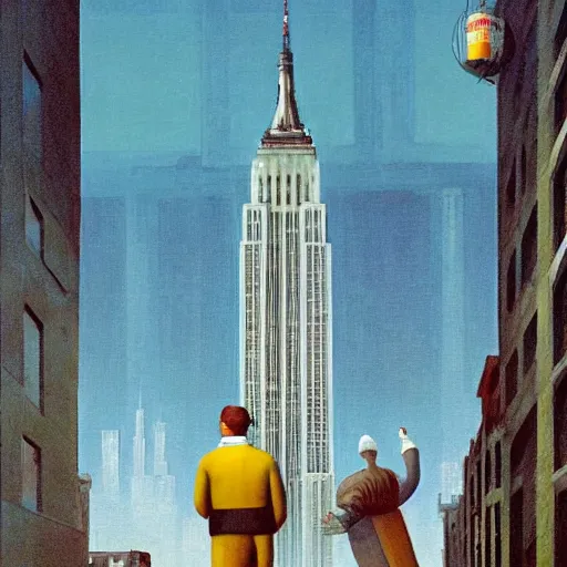 Image similar to Santa buzzing/flying past the empire state building whilst wearing his jetpack greg rutkowski giorgio de chirico john currin clarence holbrook carter mark ryden simon stalenhag