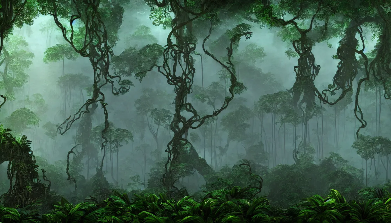 Image similar to deep mayan jungle forest realm biodiversity , side-scrolling 2d platformer game level, swirling clouds of magical mist through the trees, ancient temple gigantic statue heads in ruins in the background between the tree trunks, dramatic dusk sun illuminates areas, volumetric light , detailed entangled roots carpet the forest floor, rich color, upscale , 8k